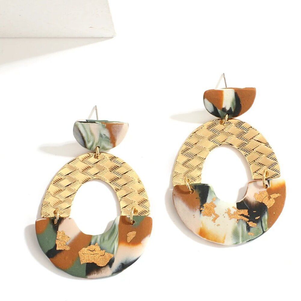 Mermaid Scales Green Marbled Gold Mixed-Media Drop Earrings